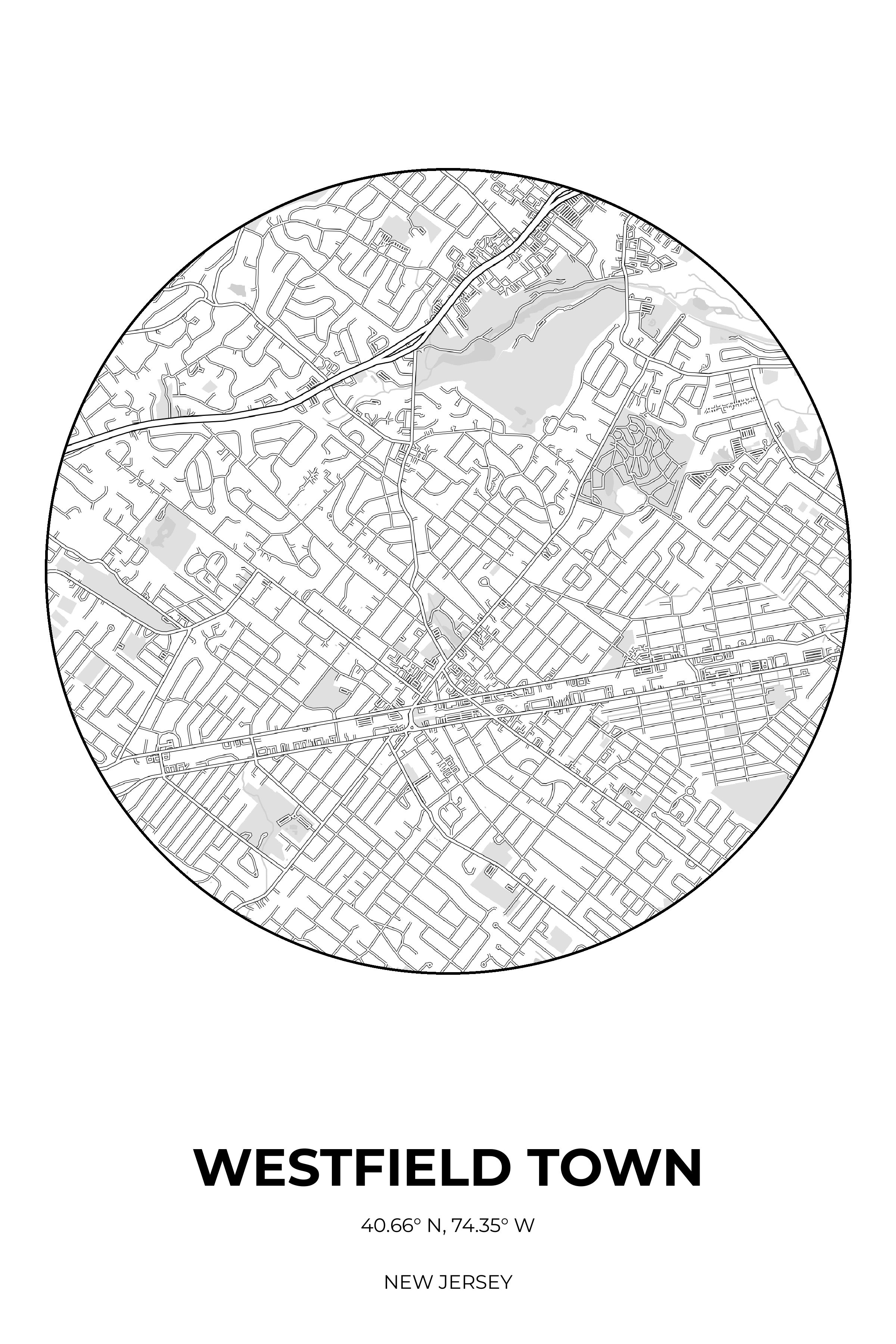 Westfield Town, New Jersey Monochrome circle map