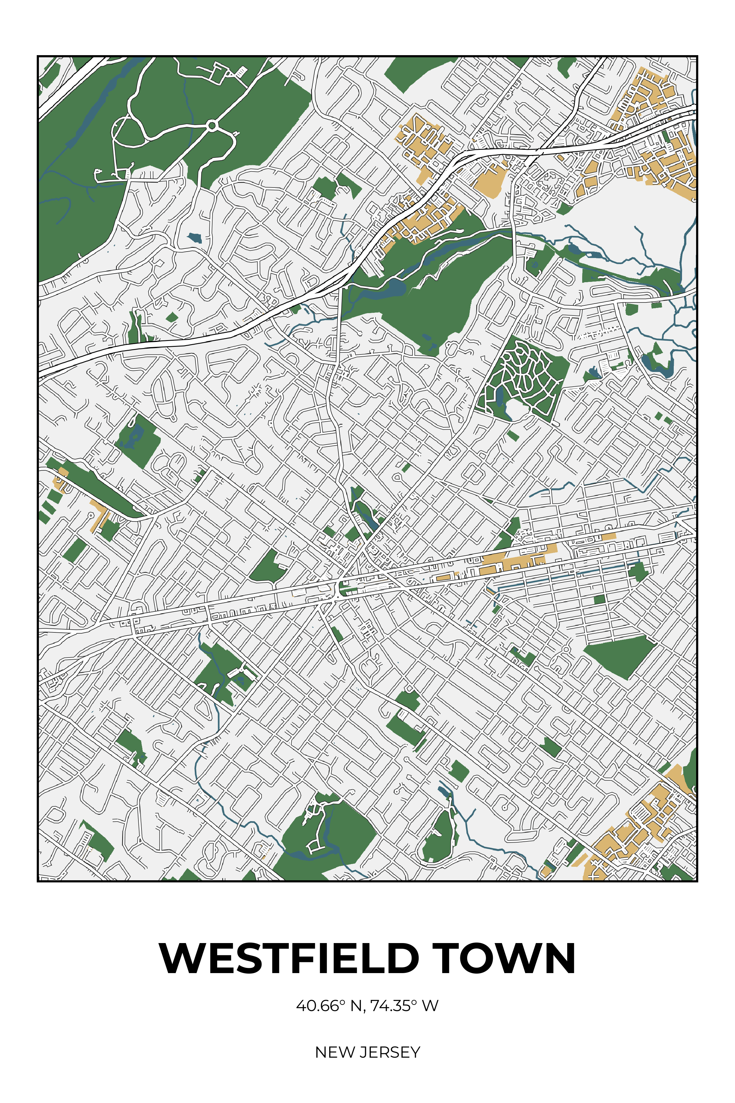 Westfield Town, New Jersey Detailed street map poster