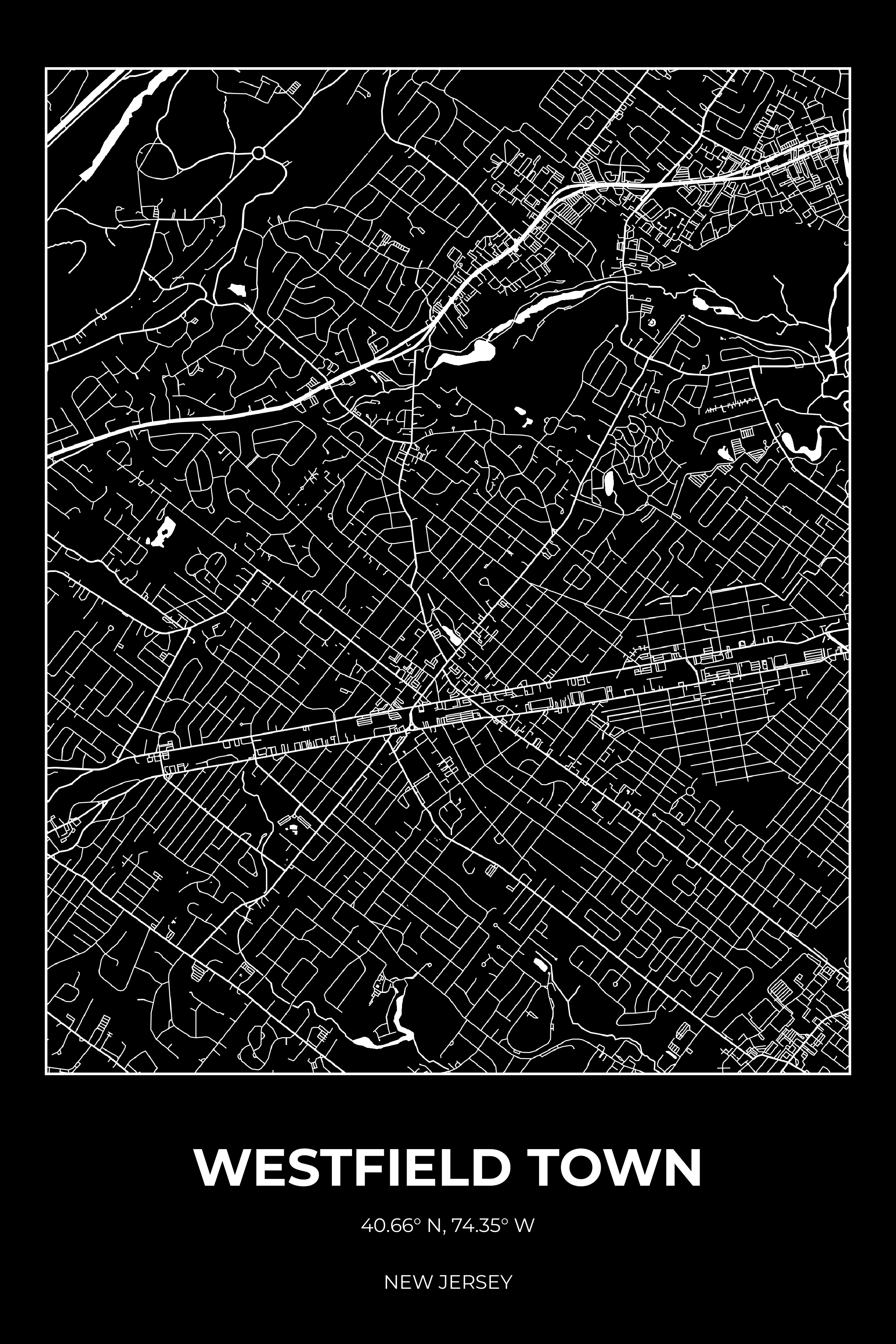 Westfield Town, New Jersey Inverse street map poster