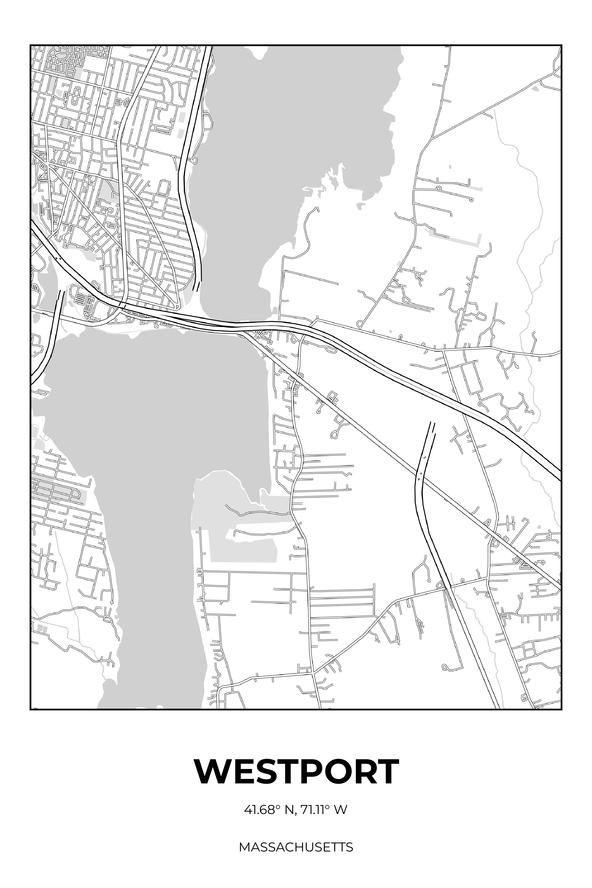Westport, Massachusetts Monochrome street map poster
