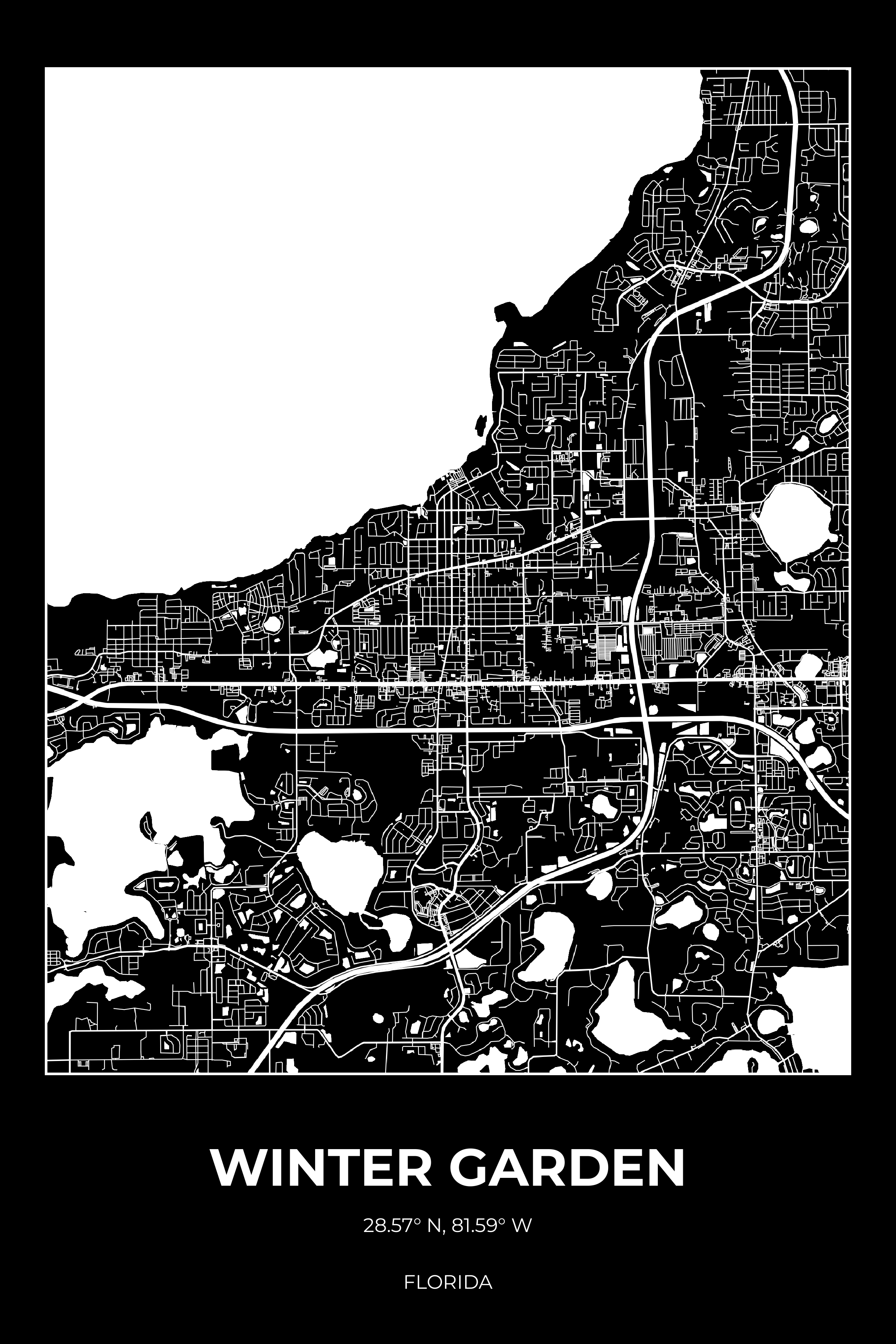 Winter Garden, Florida Inverse street map poster