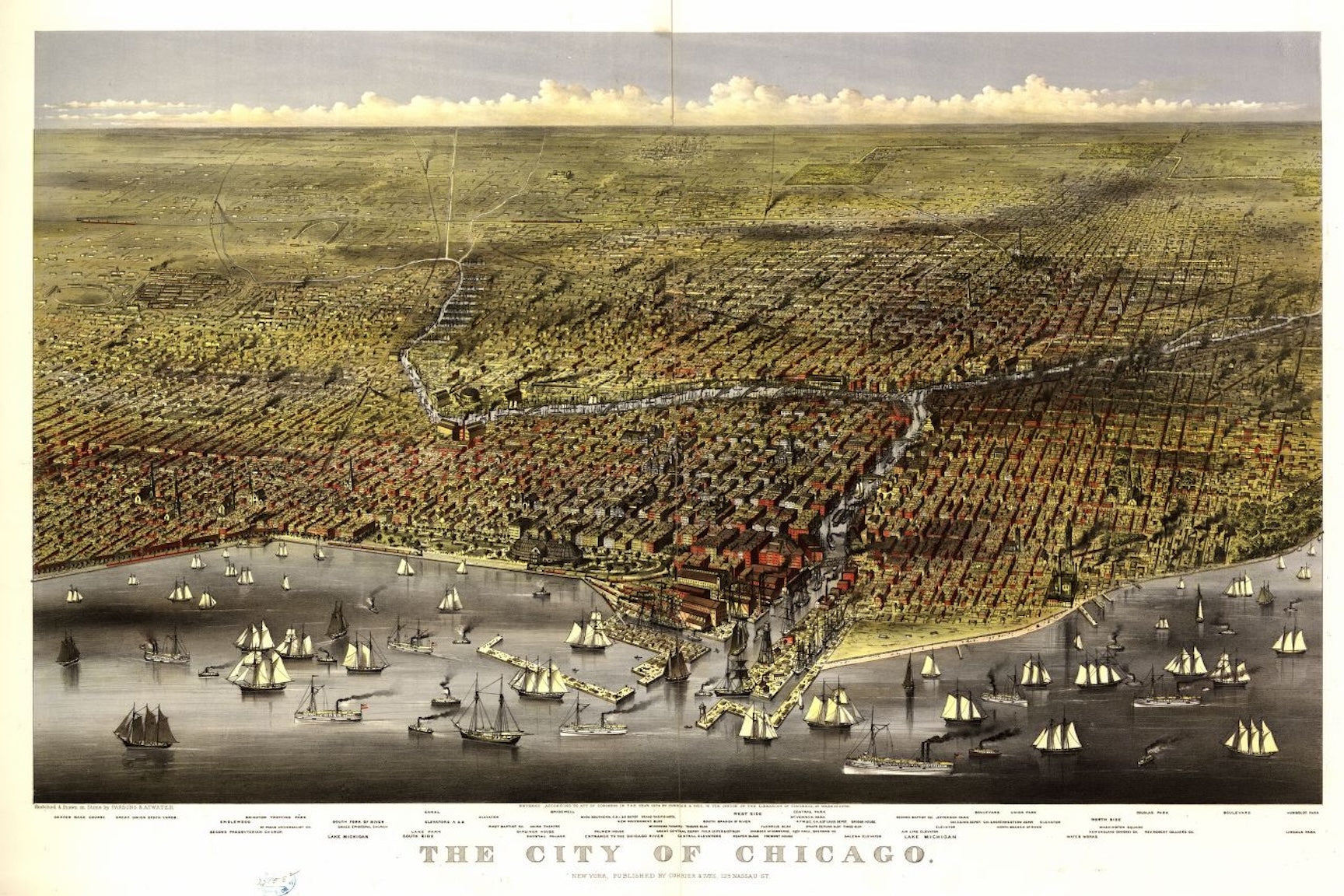 1892 Chicago Harbor Hand Colored Birds-Eye Map Print