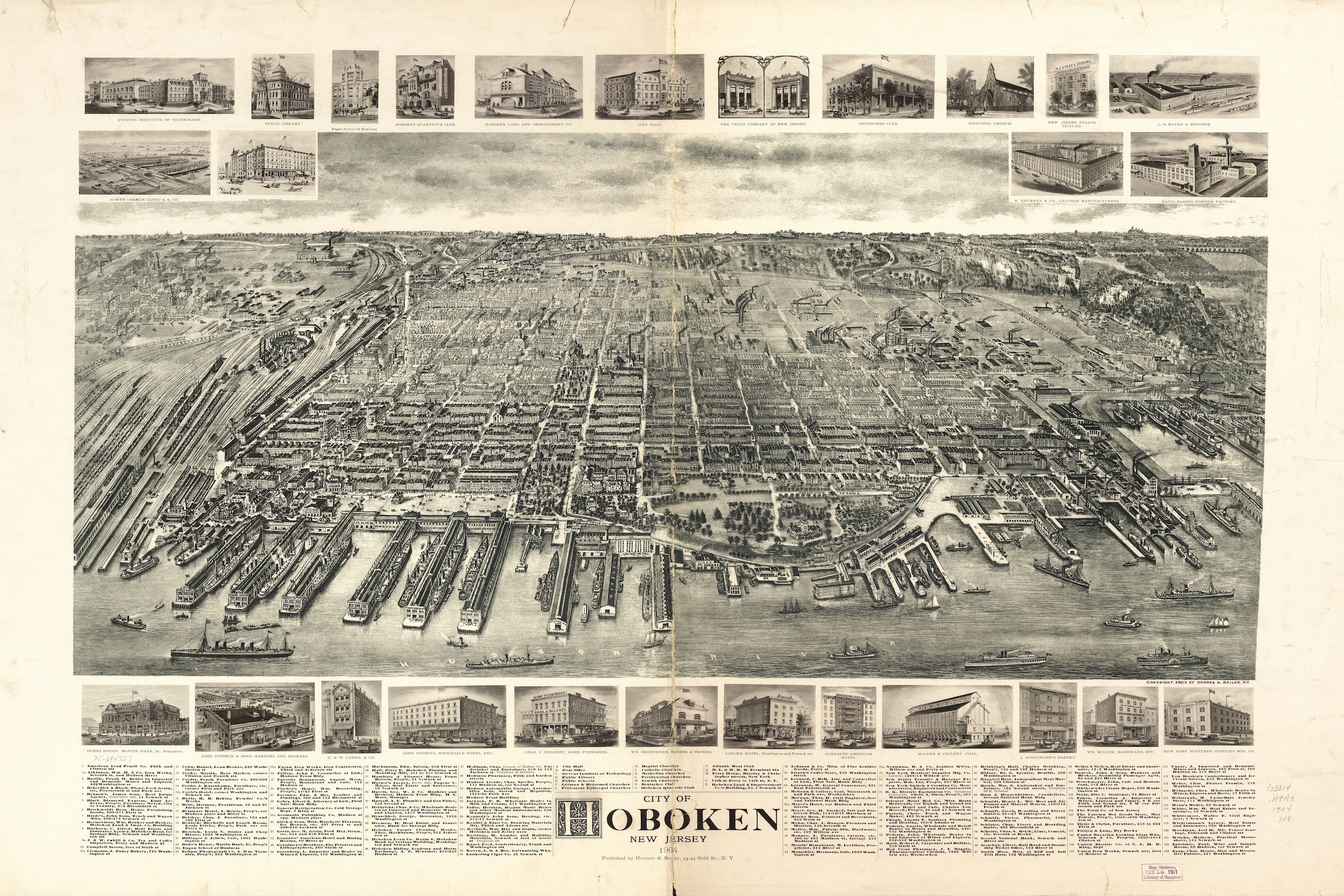 1904 Hoboken New Jersey Industrial Waterfront Birds-Eye Map Print