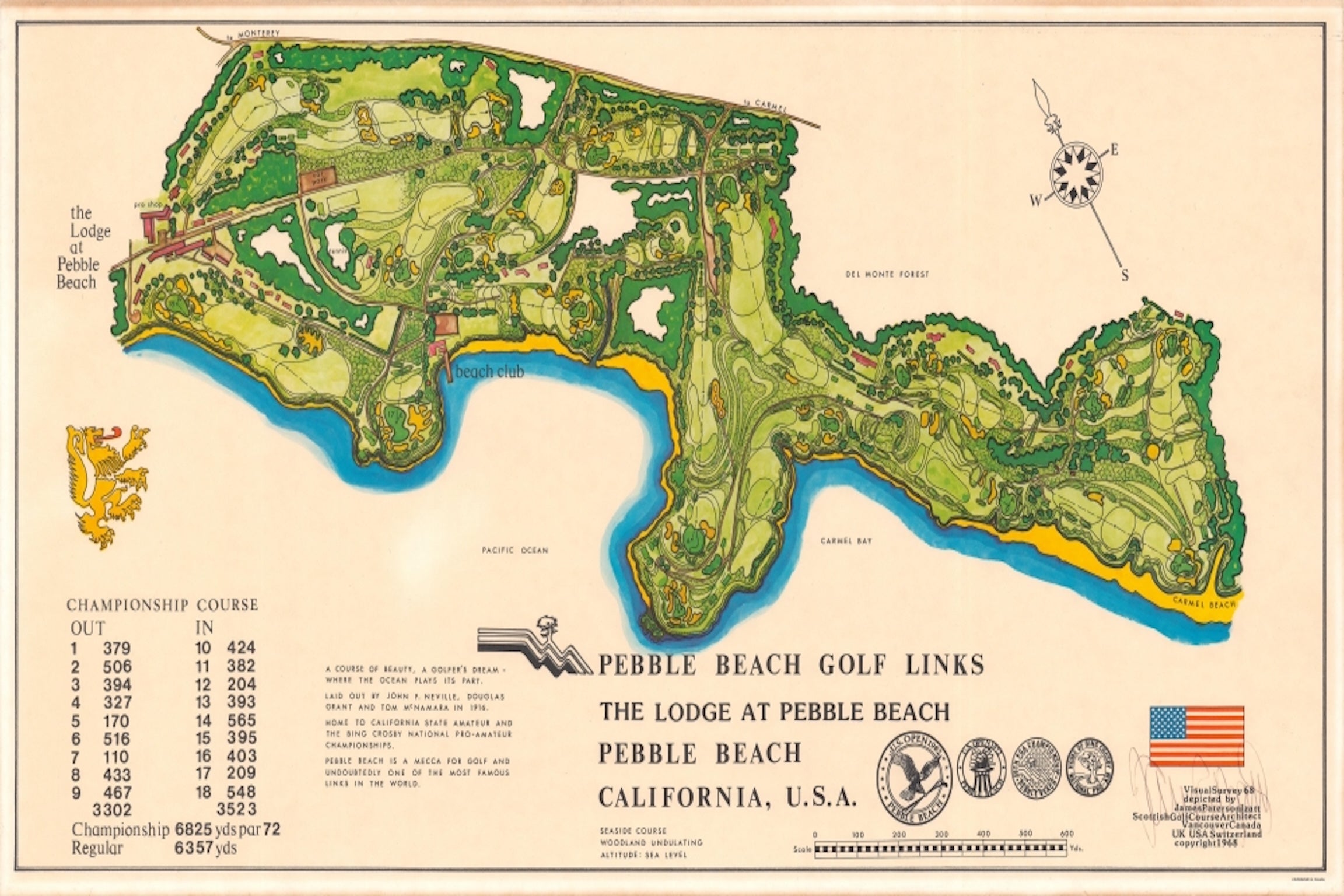 1965 Pebble Beach Golf Links Course Illustrated Map Print