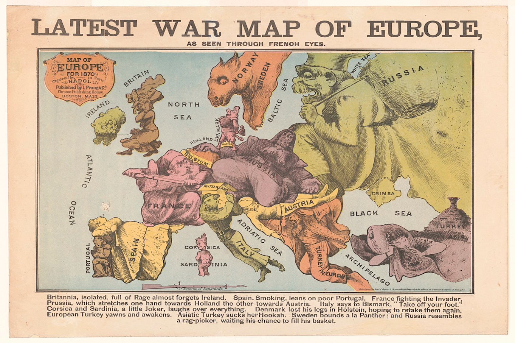 1870 Satirical Franco-Prussian War Europe Cartoon Map Print