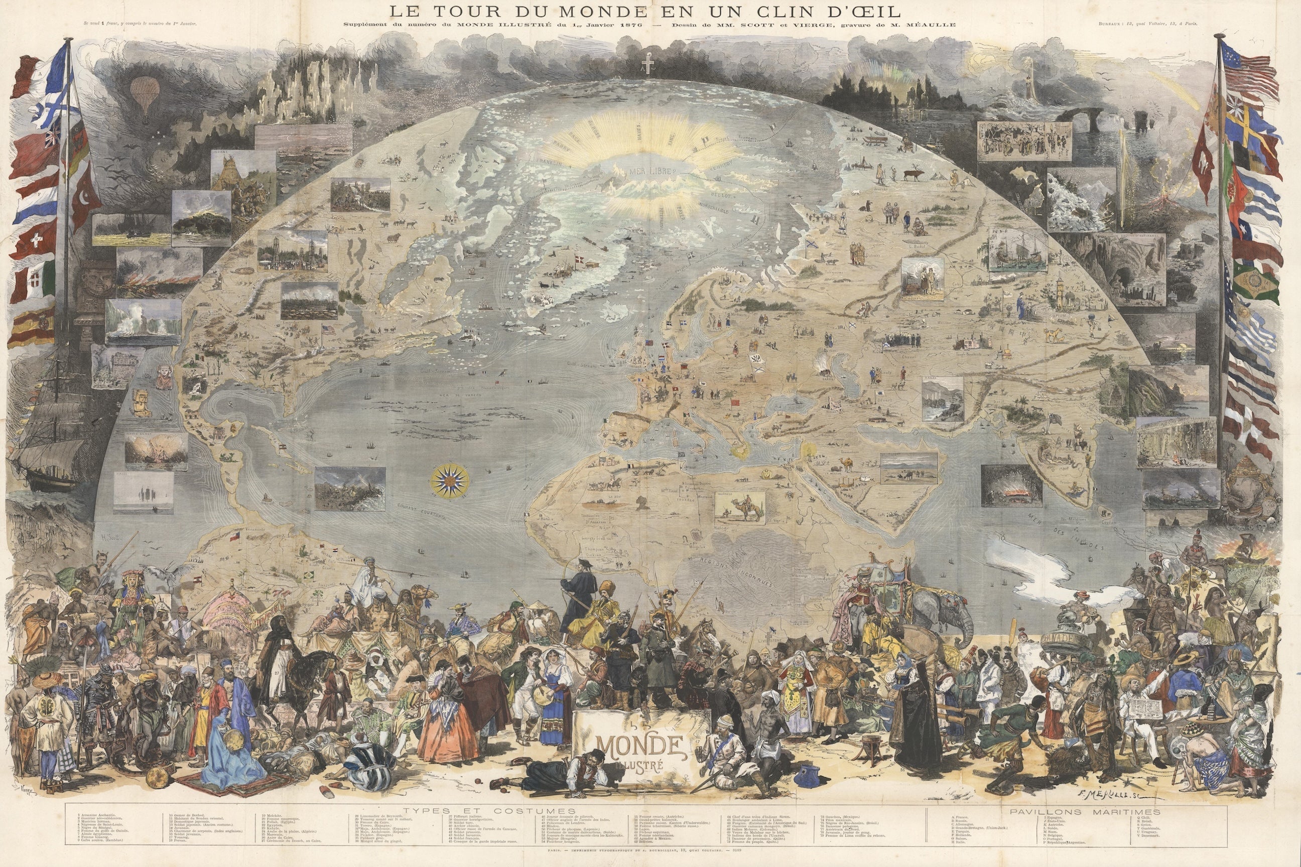 1876 Le Tour du Monde French Illustrated World Map Print