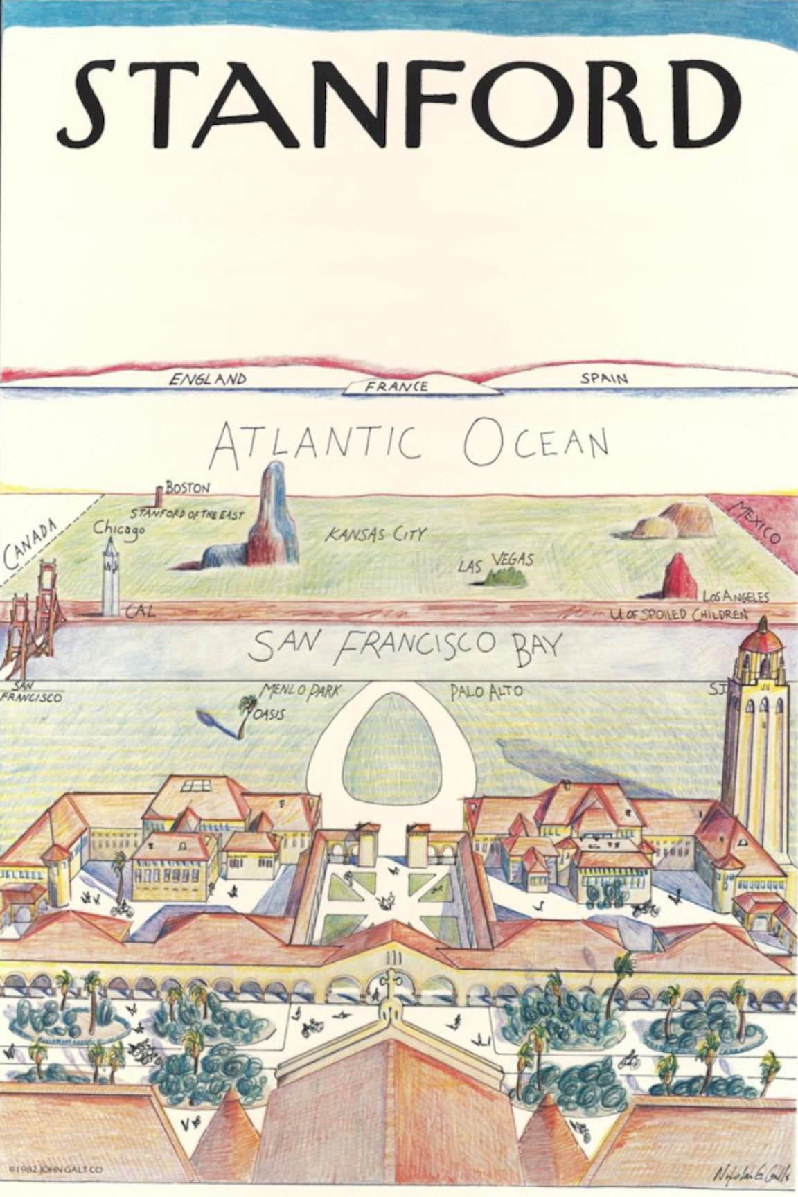 1976 Stanford University View of the World Illustrated Map Print