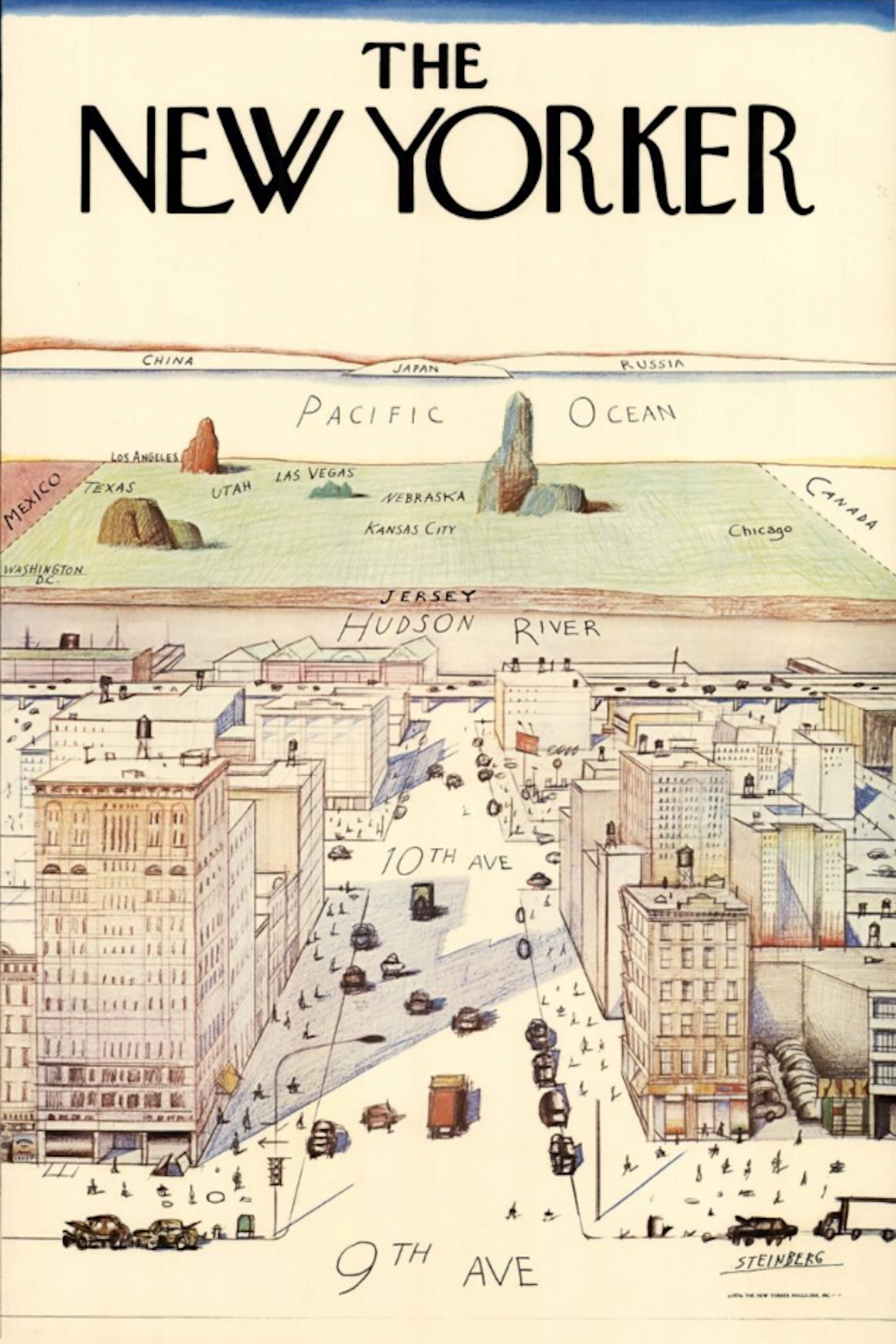 1976 New Yorker View of the World from Ninth Avenue Map Print