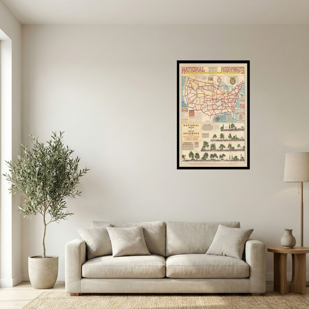 1928 National Highways of the United States Automobile Map Print Mockup