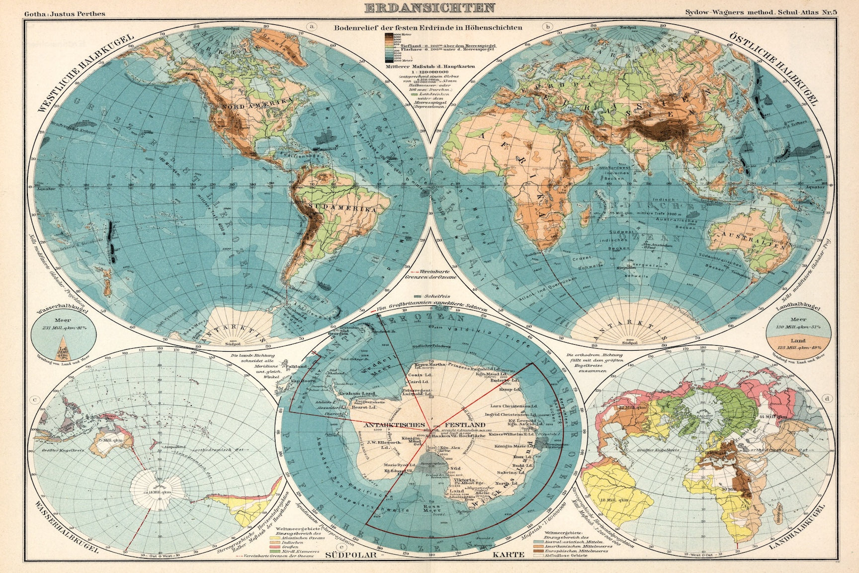 Vintage German Hemispheric World Atlas Map Print