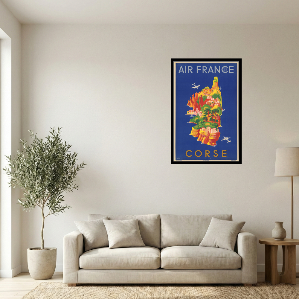 Vintage Air France Corsica Travel Advertising Map Print Mockup