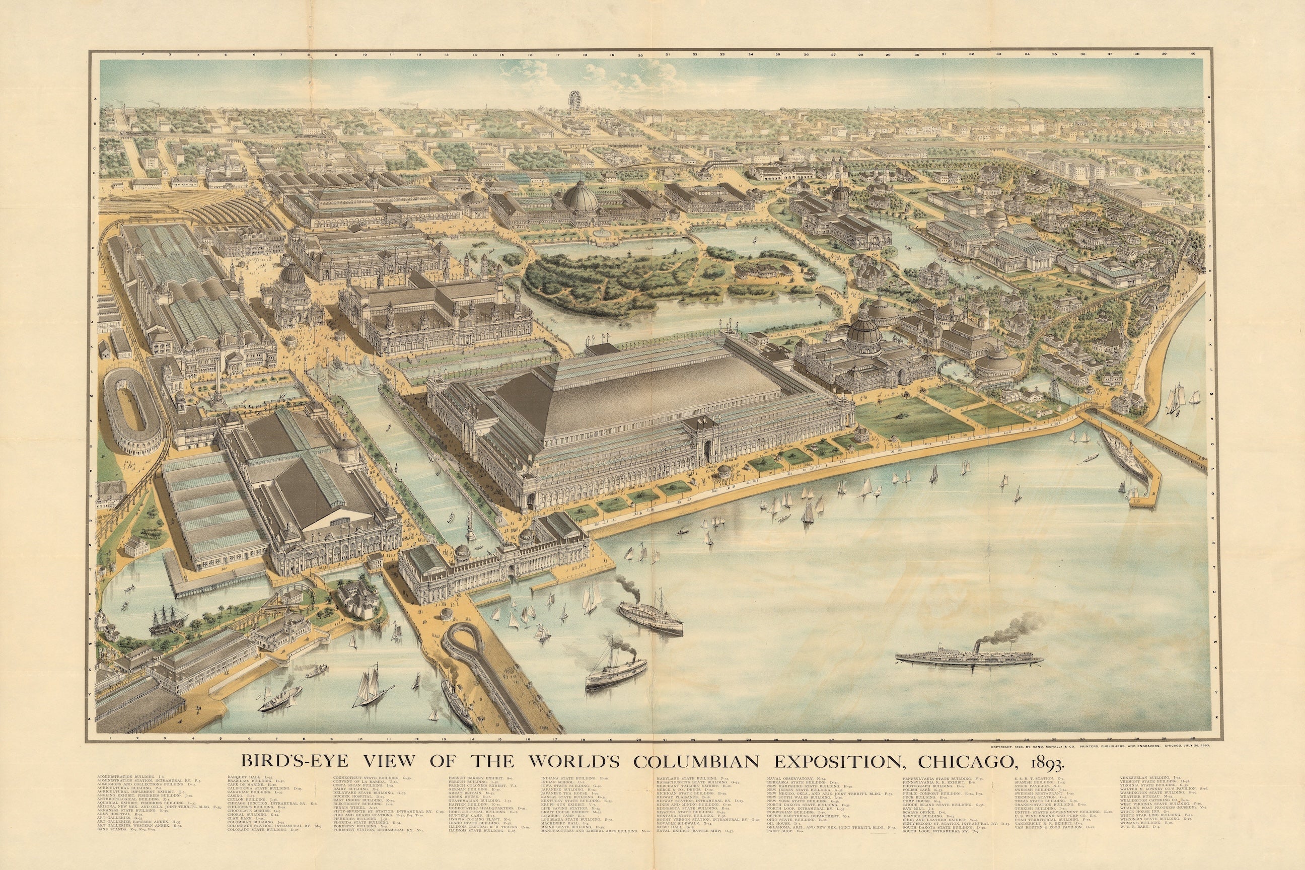 1893 Worlds Columbian Exposition Birds-Eye View Chicago Map