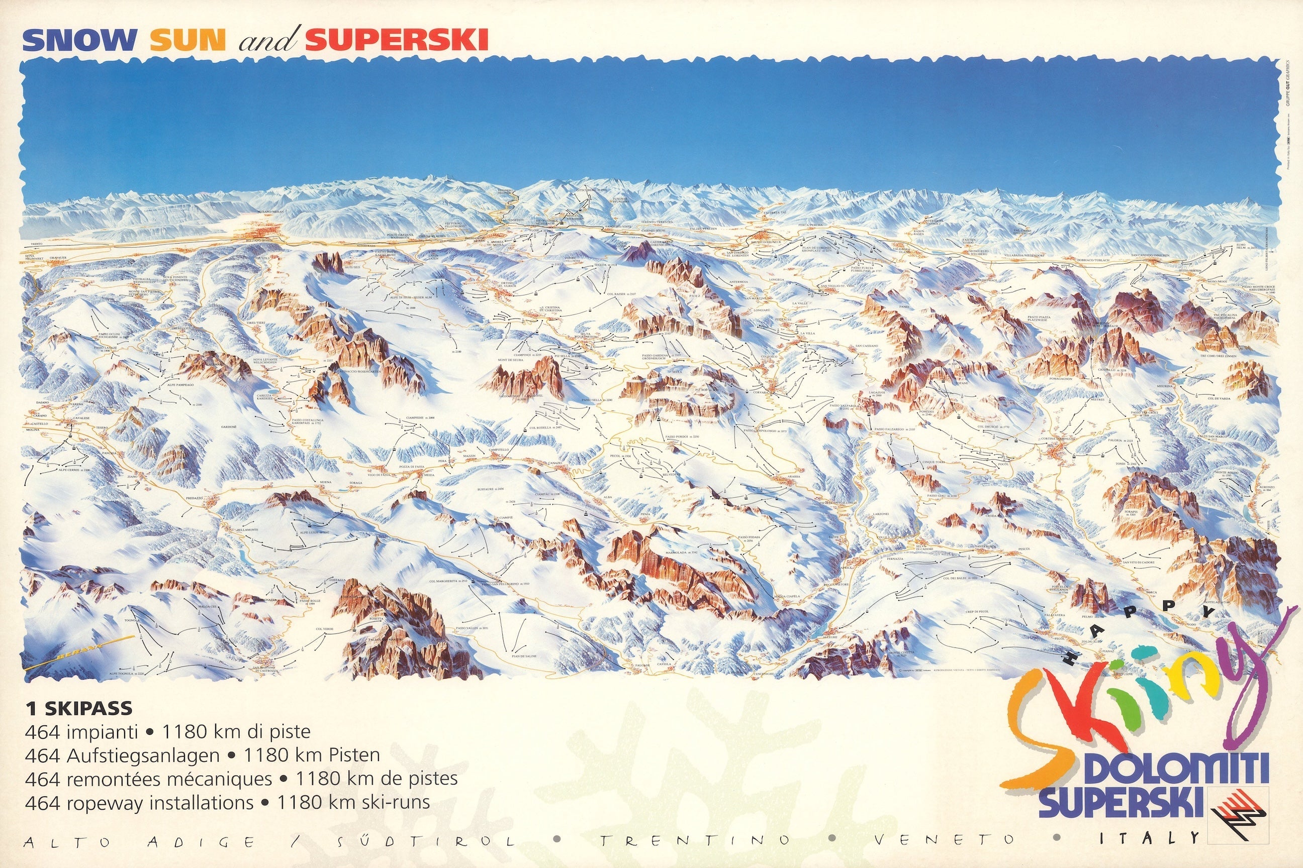 Vintage Dolomiti Superski Italian Alpine Ski Travel Map Print