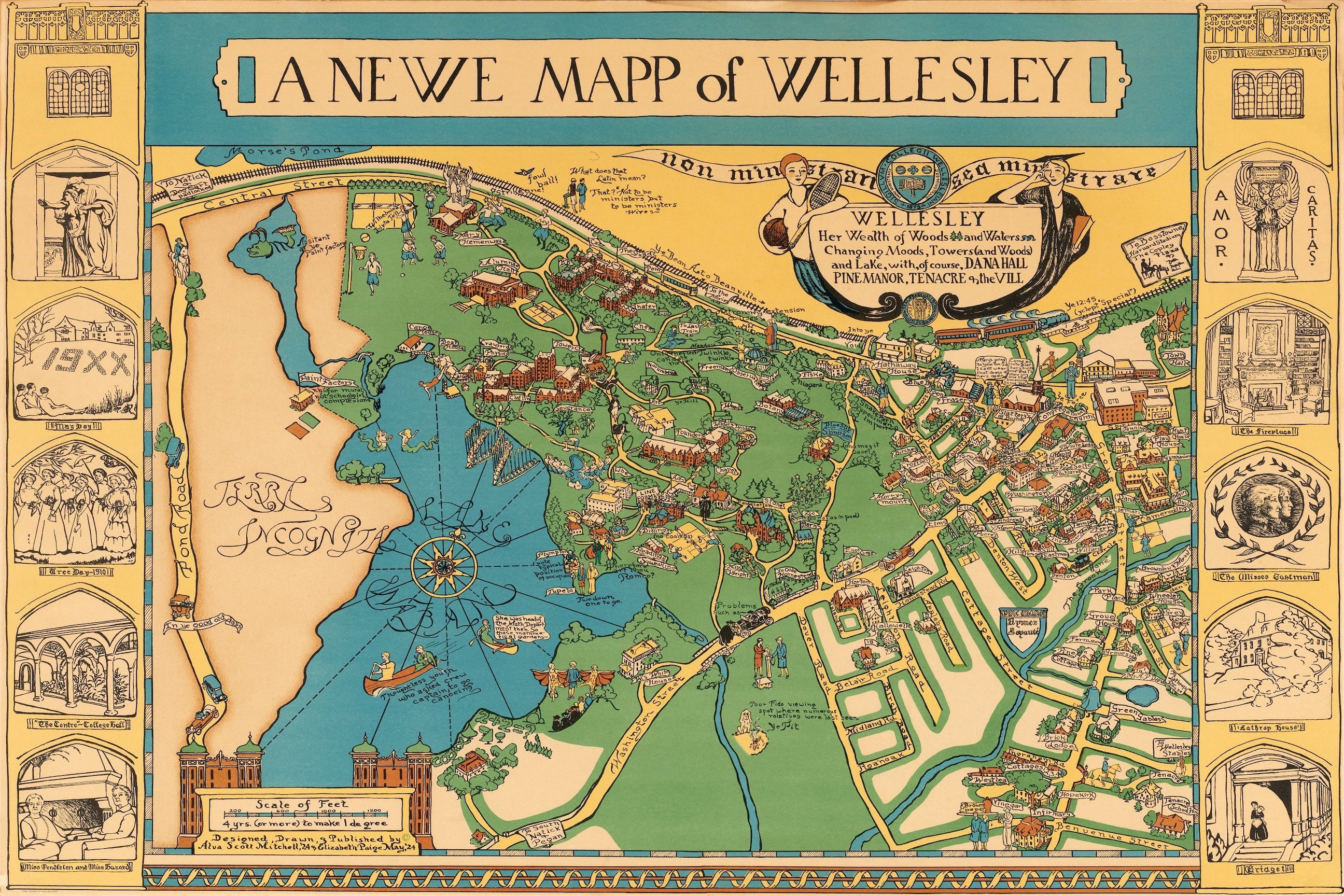 1924 Wellesley College Hand Drawn Campus Map Print