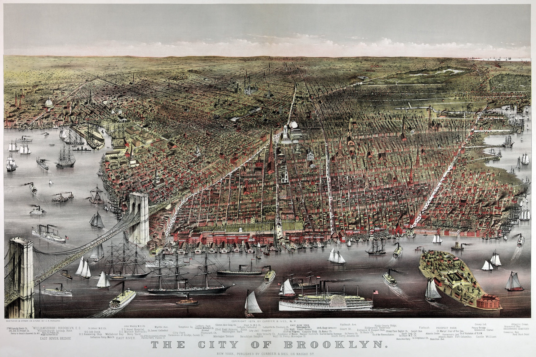 1870 Brooklyn and Manhattan Currier & Ives Bird�s-Eye Map Print