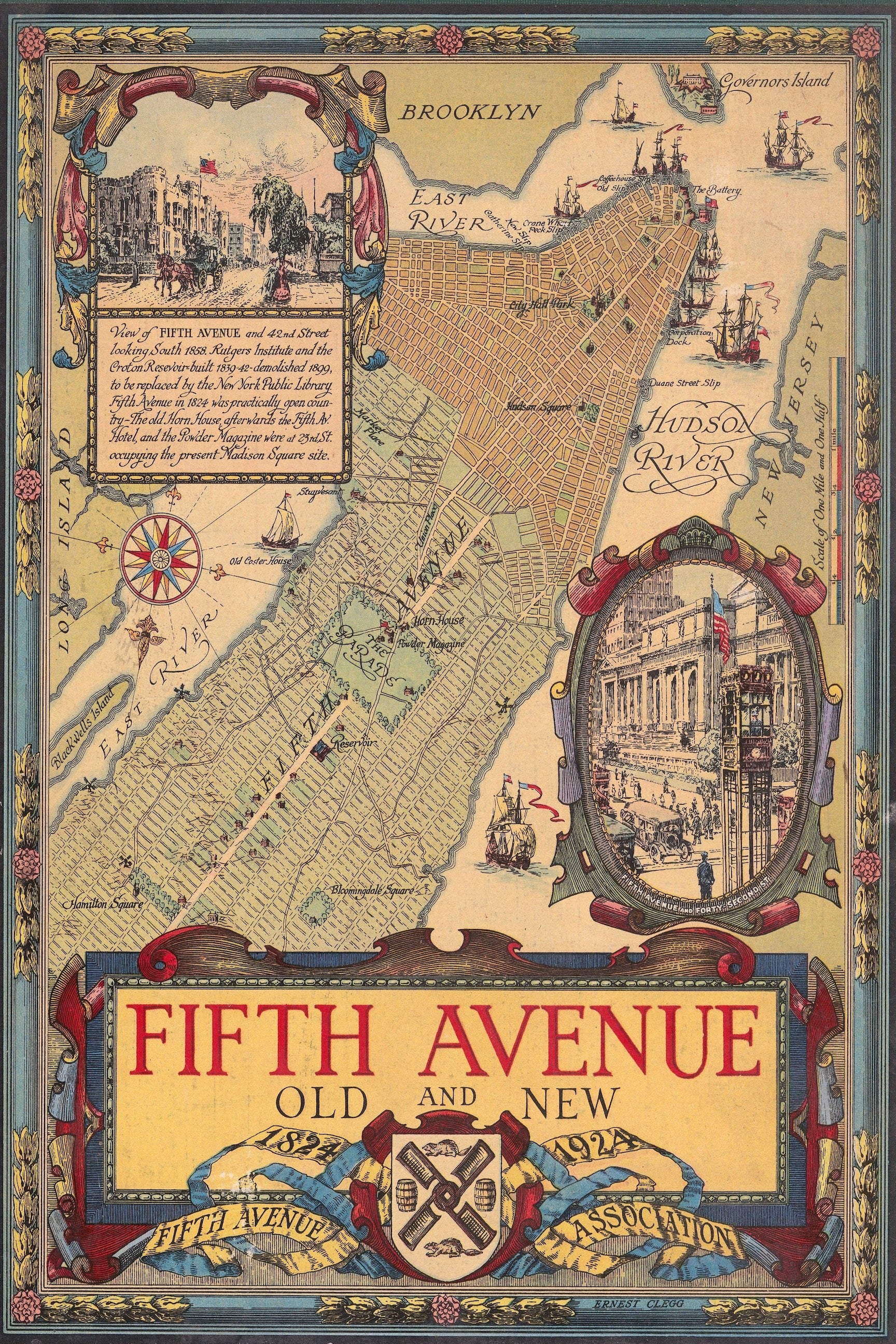 1924 Fifth Avenue Old and New New York Illustrated Map Print