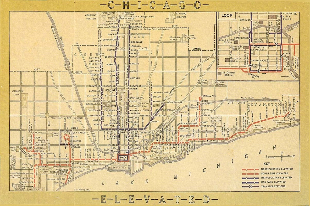 1915 Chicago Elevated Railway System Transit Map Print