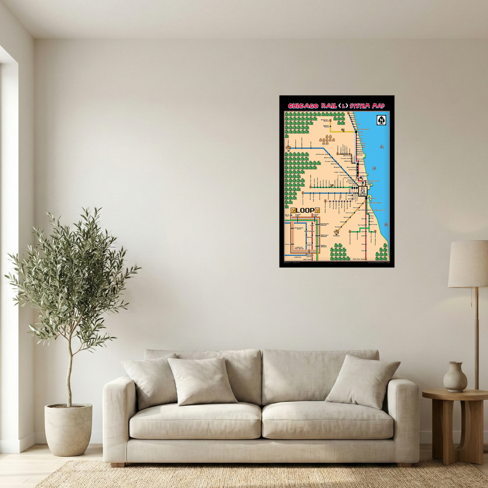Modern Chicago L Train Pixel Art Transit Map Print Mockup
