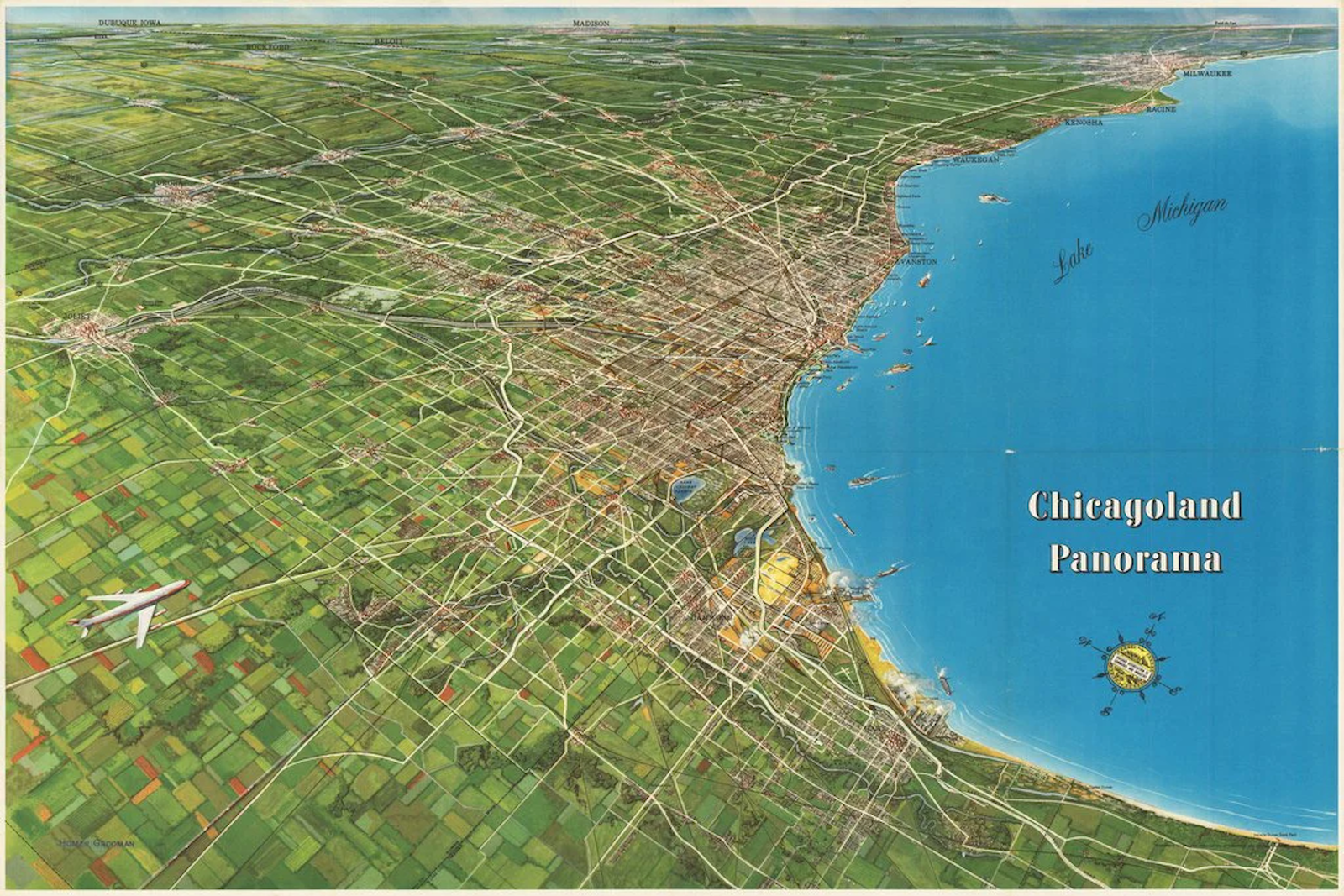 1955 Chicagoland Panoramic Regional View Map Print