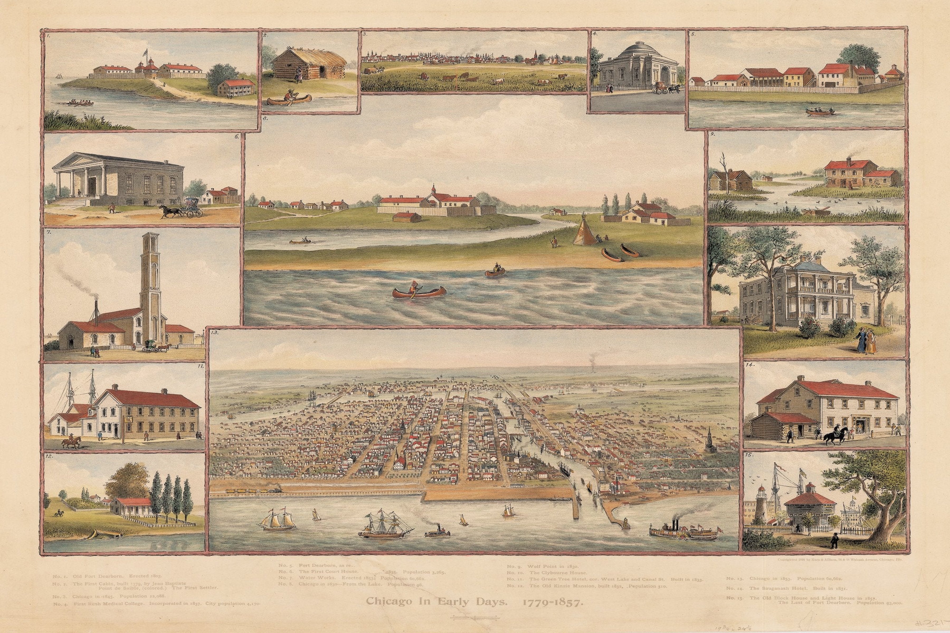 1876 Chicago in Early Days Historical Illustration Map Print